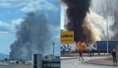 Incendio nel parcheggio: tre semirimorchi a fuoco