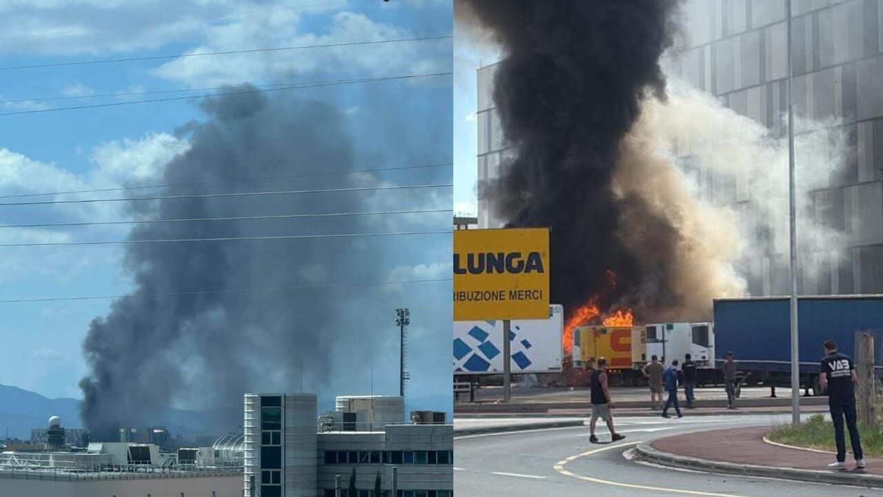 Incendio nel parcheggio: tre semirimorchi a fuoco