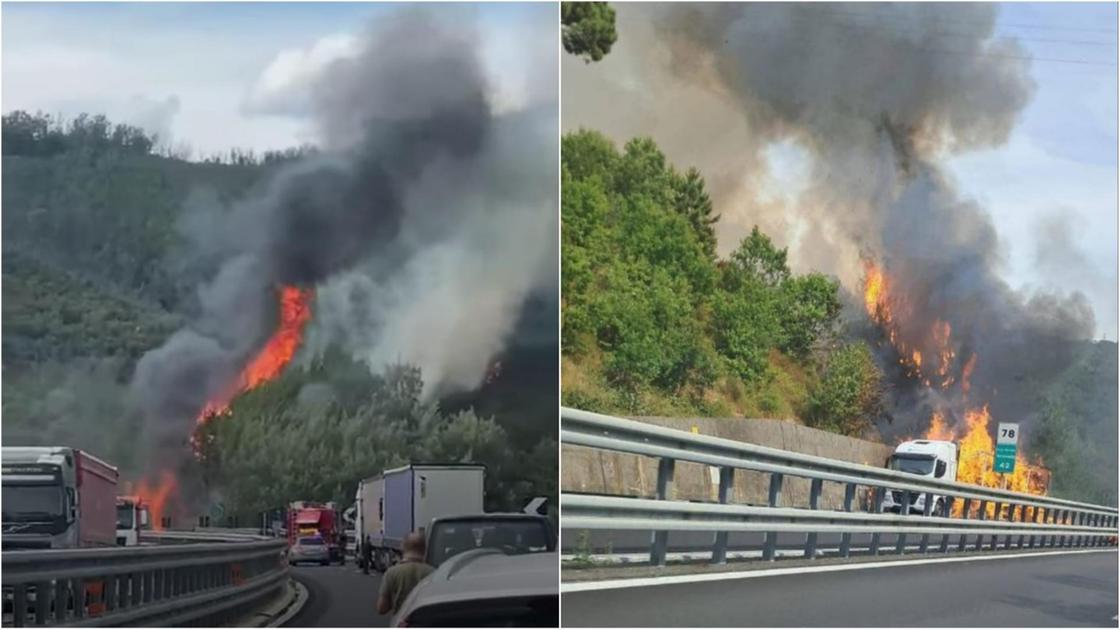 Massarosa, camion si incendia in autostrada. Prende fuoco anche la collina
