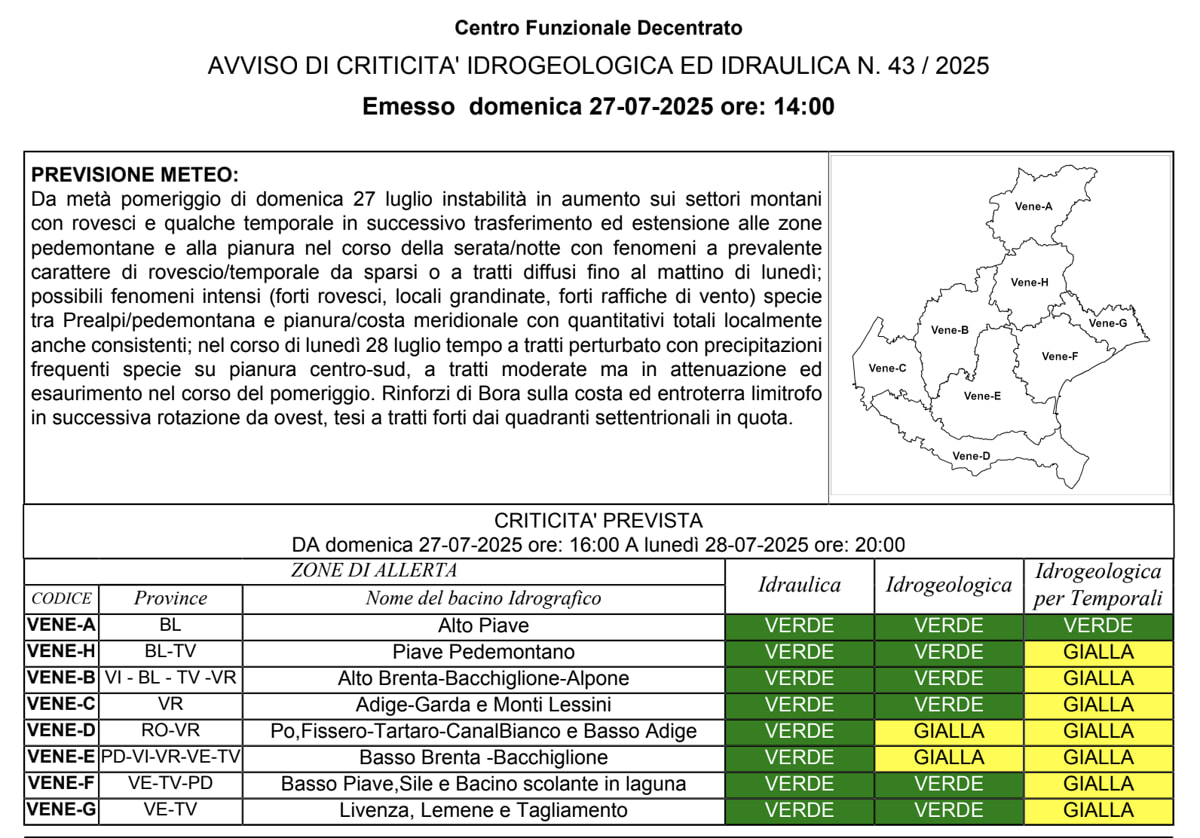 Meteo, allerta gialla per temporali - Bollettino Regione Veneto 27 luglio 2025