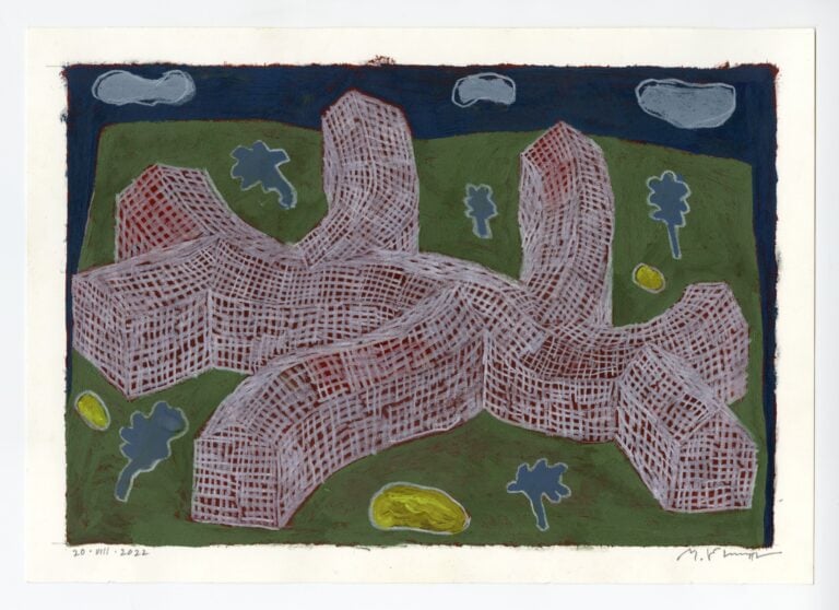 Michele De Lucchi, Architettura connessa, 20 agosto 2022, tempera e matita bianca su carta, cm 21x29,5