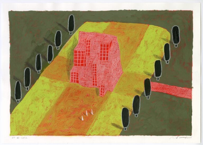 Michele De Lucchi, Casa con abbaini, 27 novembre 2022, tempera e matita bianca su carta, cm 25x35