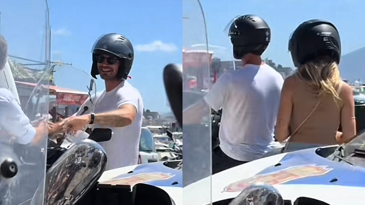 Stefano De Martino in moto con Caroline, il dettaglio sul casco non passa inosservato