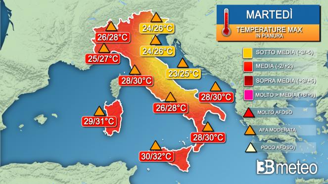 Temperature massime martedì