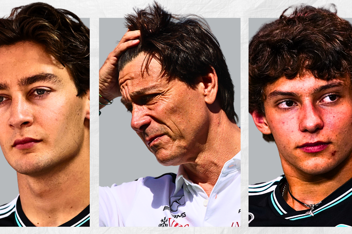 toto wolff, george russell, kimi antonelli, mercedes, graphic