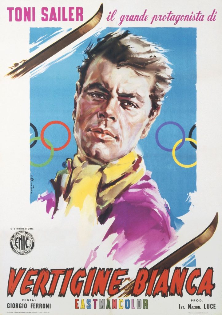 Manifesto pubblicitario del film Vertigine bianca, diretto da Giorgio Ferroni, 1956 @ Centro Documentazione del Museo Nazionale della Montagna - CAI Torino