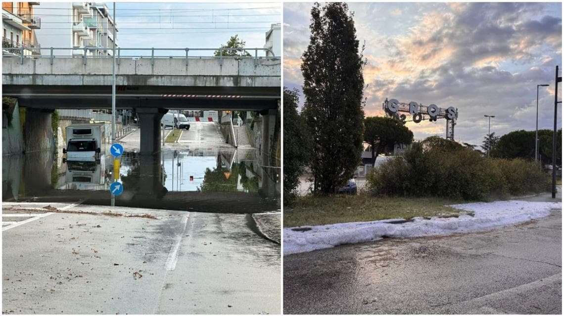La situazione a Rimini stamattina, fra sottopassi allagati e cumuli di grandine. Foto Meteoroby