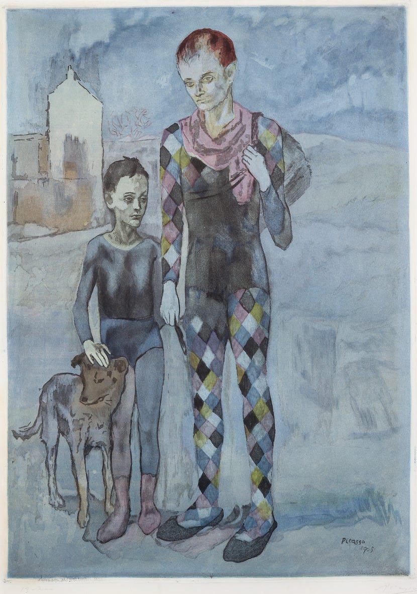 pablo picasso, les saltimbanques(the acrobats) au chien 1905. acquaforte e acquatinta, 67 x 48,4 cm, collezione privata