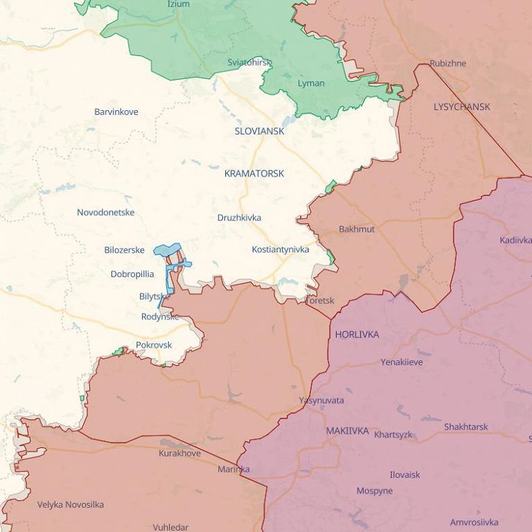La situazione attuale nella regione di Donetsk. In rosso i territori controllati dalla Russia, in verde e azzurro quelli riconquistati dalle forze ucraine