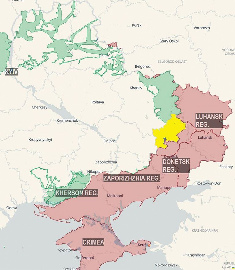In giallo la porzione della regione di Donetsk che Putin chiede venga ceduta per cessare le ostilità. In rosso i territori controllati dalla Russia, in verde e azzurro quelli riconquistati dalle forze ucraine