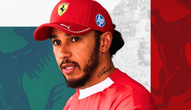 Composite of Lewis Hamilton in Ferrari kit in front of the colours of the Italian flag