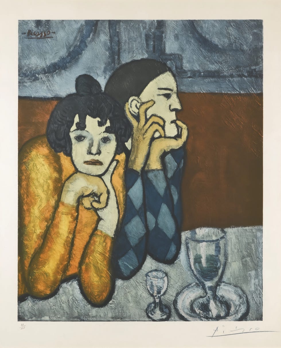 pablo picasso, arlequin et sa compagne (les deux saltimbanques), ﻿﻿﻿1901, collotipia a colori, 103 x 73,5 cm, collezione privata﻿﻿