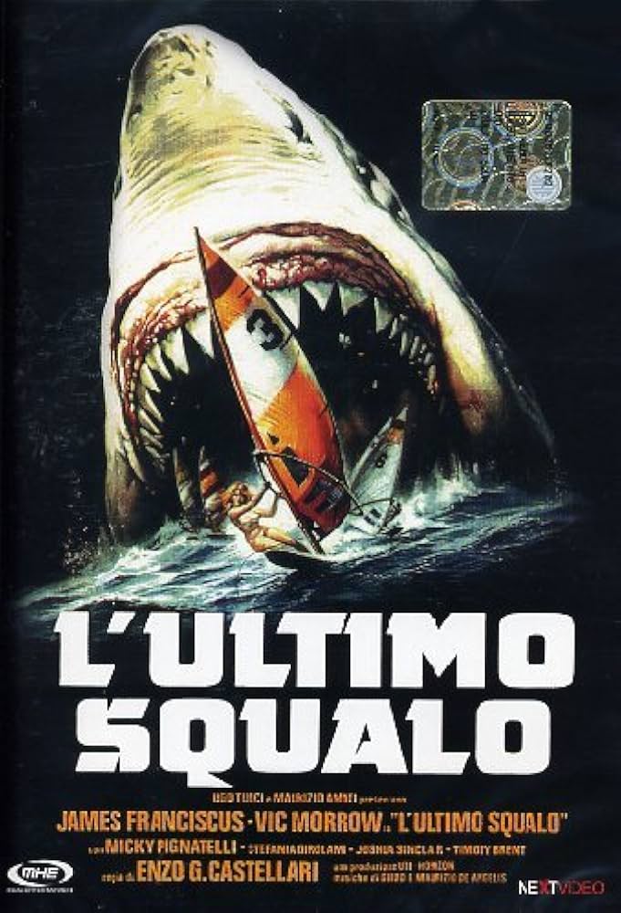 promotional cover for the movie lultimo squalo featuring a shark attack scene
