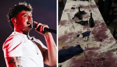 Olly, polemiche per la cena «burrascosa»: sulla tavola vino rosso rovesciato, mozziconi e avanzi