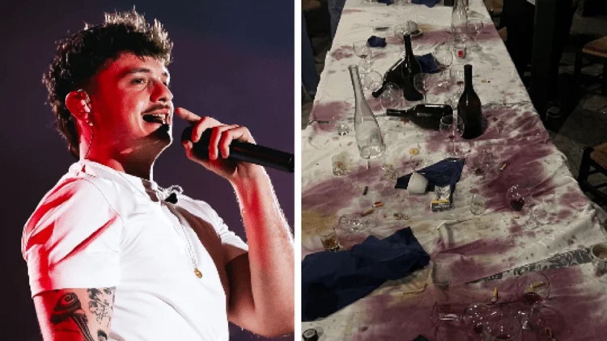 Olly, polemiche per la cena «burrascosa»: sulla tavola vino rosso rovesciato, mozziconi e avanzi