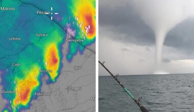 Tromba d'aria, paura in mare. Temporali e raffiche di vento sulle Marche, alberi e rami sulle strade. La situazione
