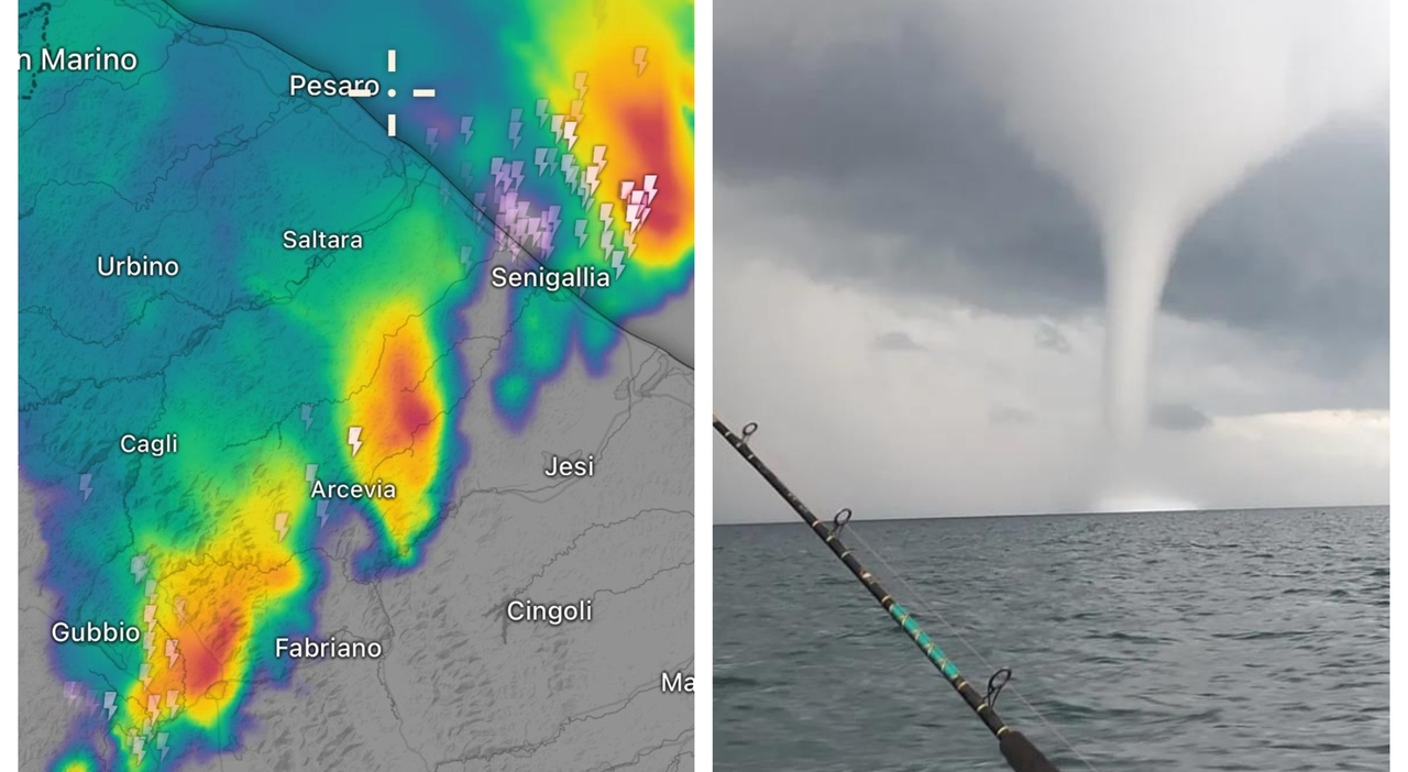 Tromba d'aria, paura in mare. Temporali e raffiche di vento sulle Marche, alberi e rami sulle strade. La situazione