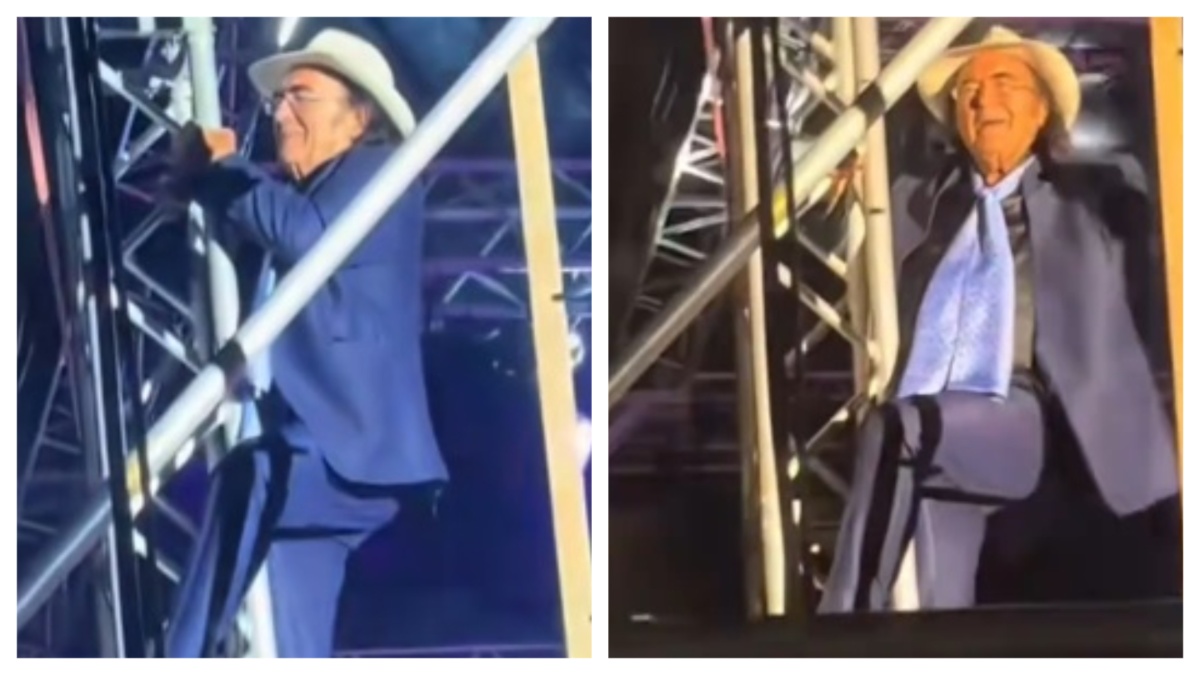 Serradifalco, Al Bano si arrampica su un traliccio durante il concerto
