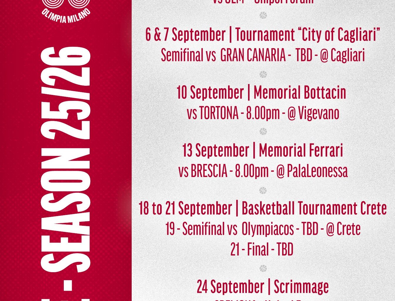 Olimpia Milano Pre-Season 2025-2026, ecco il calendario ufficiale
