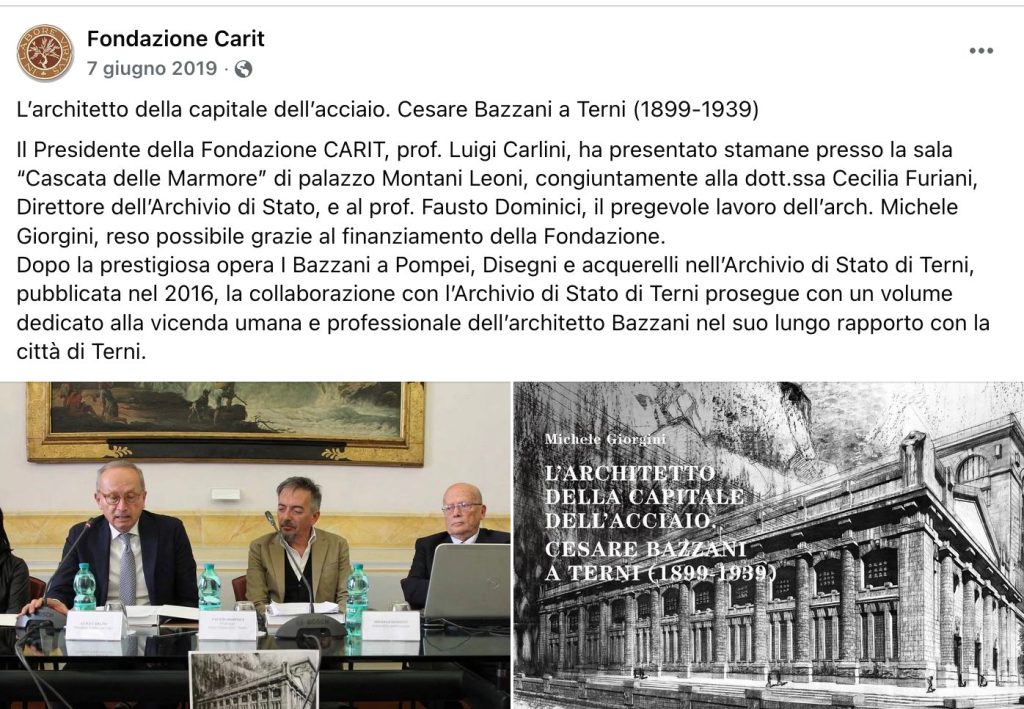 Un evento presso la Fondazione Carit a Terni, con relatori tra cui il Presidente prof. Luigi Carlini e l'architetto Michele Giorgini, che discutono della figura di Cesare Bazzani.