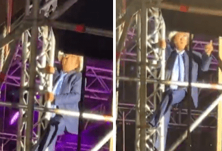 Al Bano come Spiderman, si arrampica sul palco durante il concerto in Sicilia