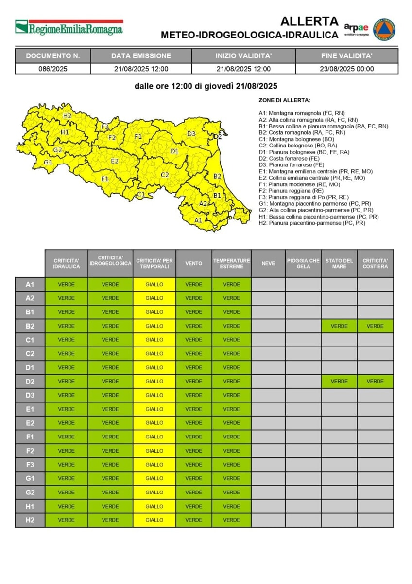 Allerta meteo Emilia-Romagna del 21 agosto - Arpae