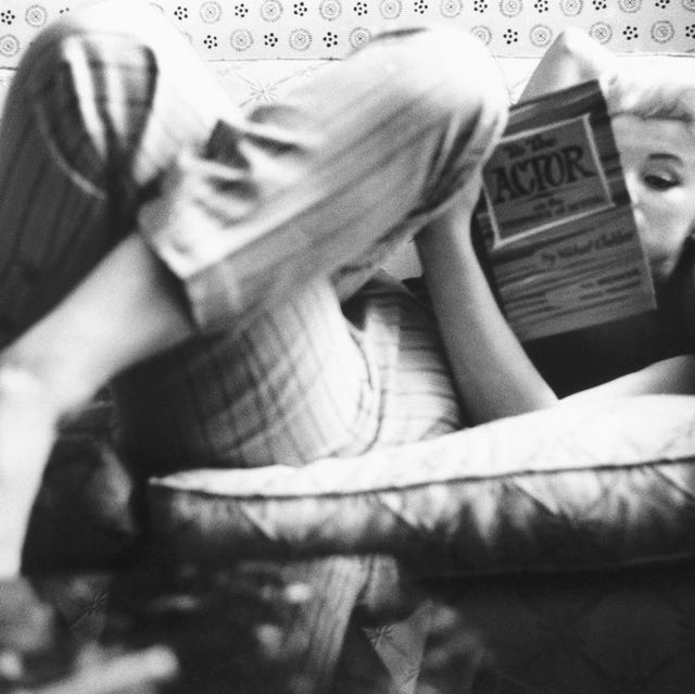 new york march 1955: actress marilyn monroe reads the book "to the actor: on the technique of acting" by michael chekhov in a quiet moment at the ambassador hotel in march 1955 in new york city, new york. (photo by ed feingersh/michael ochs archives/getty images)