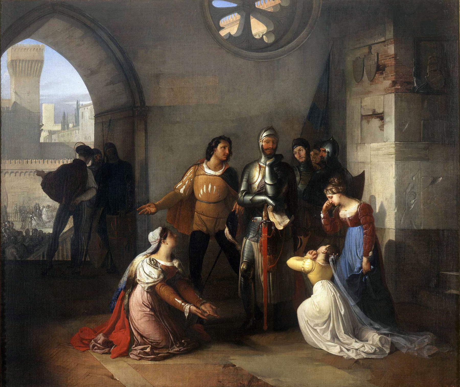 Francesco Hayez, Pietro Rossi, signore di Parma, spogliato dei suoi domini dagli Scaligeri, signori di Verona, mentre è invitato nel castello di Pontremoli, di cui stava a difensore, ad assumere il comando dell’esercito veneto, il quale doveva muoversi contro i di lui propri nemici, viene scongiurato con lagrime dalla moglie e da due figlie a non accettare l’impresa (1818-1820; olio su tela, 131 x 157,5 cm; Milano, Pinacoteca di Brera)