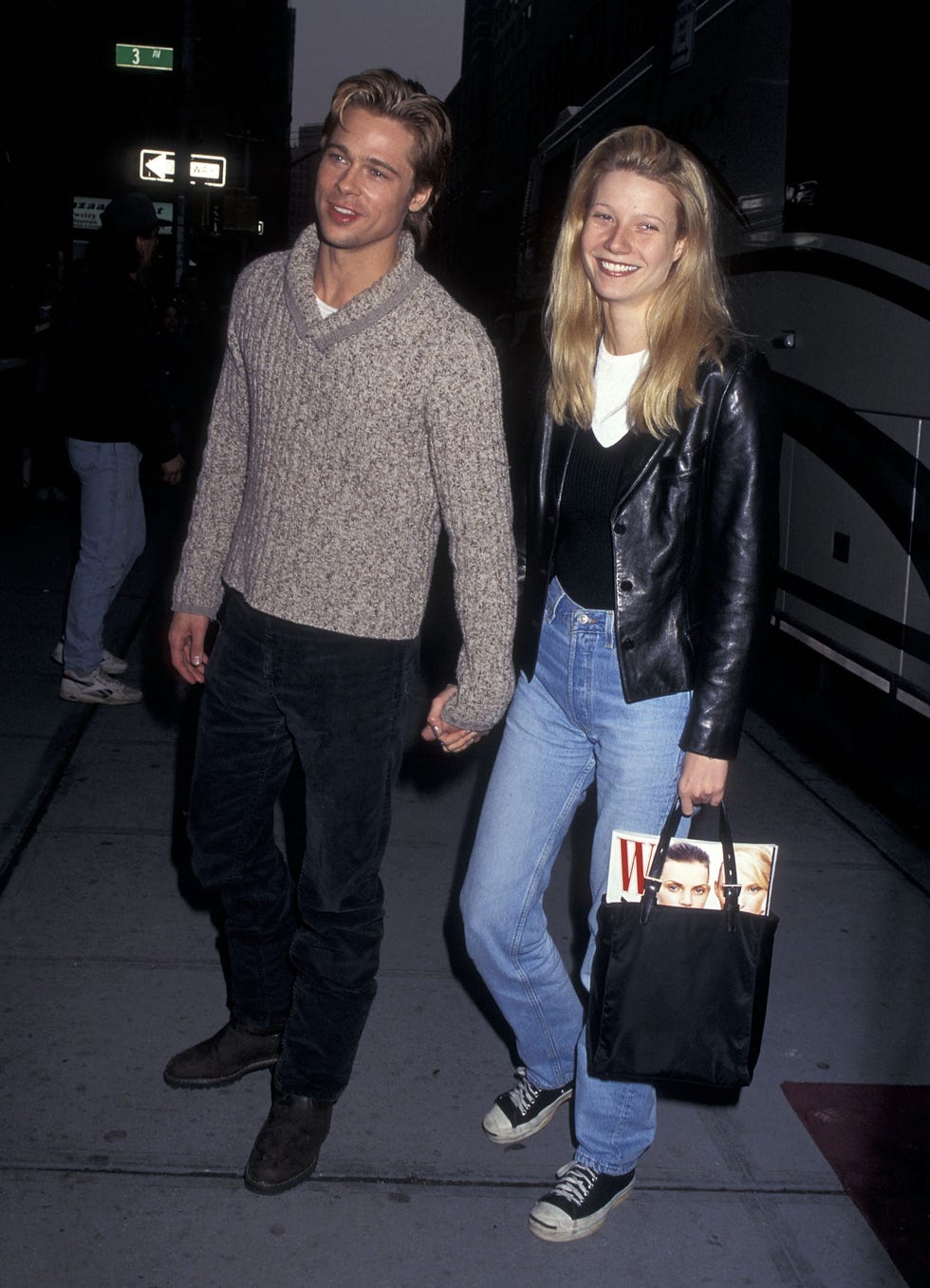 actor brad pitt and gwyenth paltrow break from filming the devils own on february 23, 1996 in new york city. (photo by ron galella, ltd./ron galella collection via getty images)