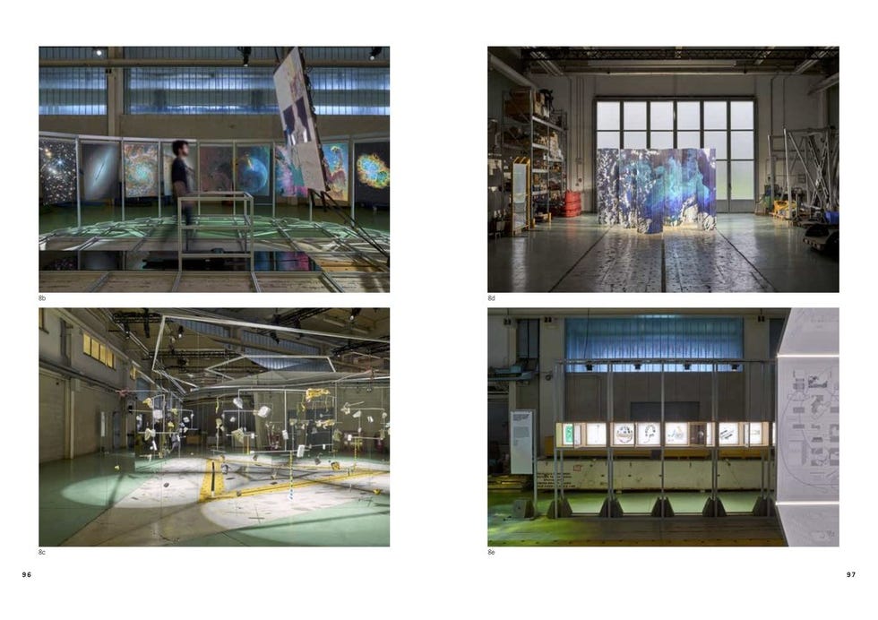 exhibition space featuring multiple art installations