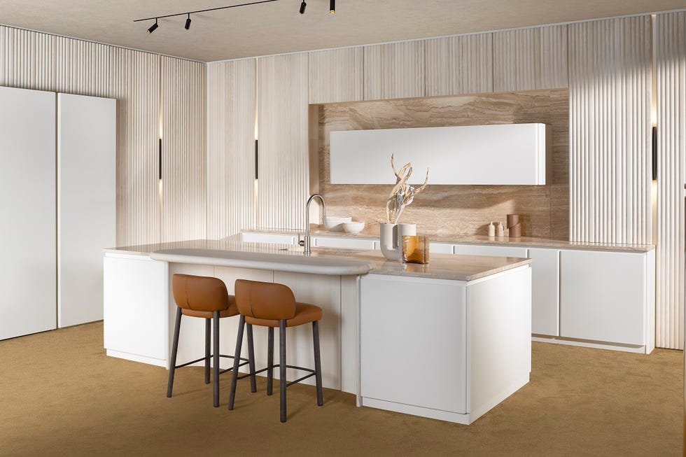 modern kitchen with an island and seating area
