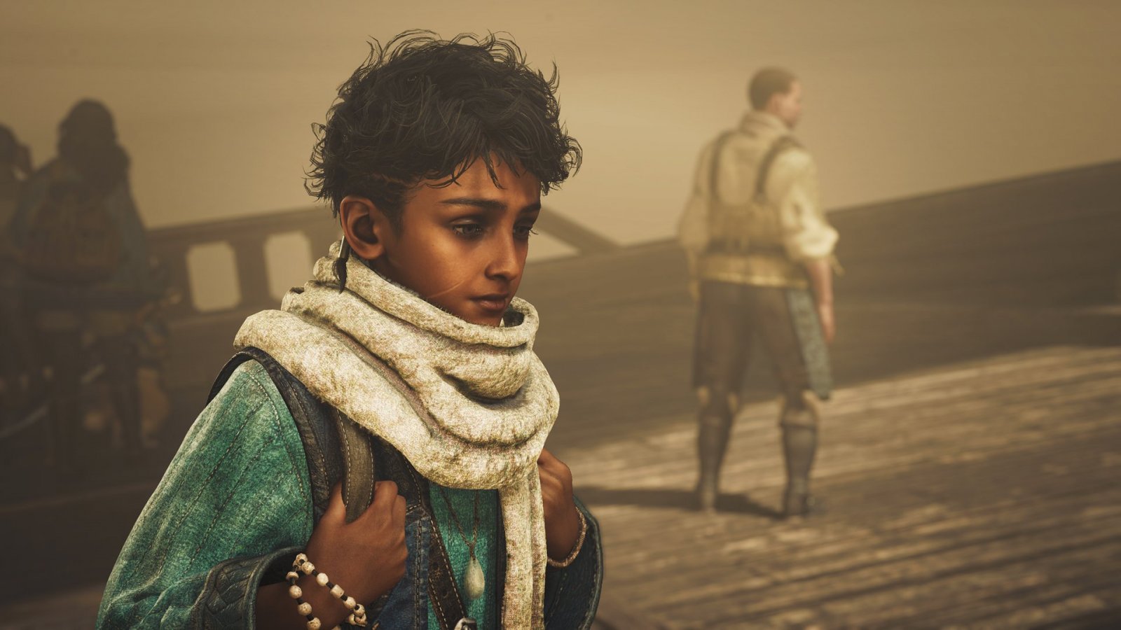 Un personaggio di Monster Hunter Wilds con lo sguardo triste su una nave in una tempesta di sabbia