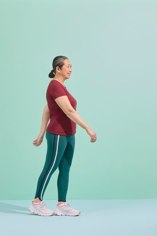 heel to toe walk. functional fitness moves. strength building exercise, workout for pain relief and aging.