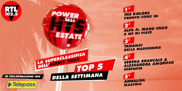 RTL 102.5 POWER HITS ESTATE 2025: “PRONTO COME VA” di The Kolors è in testa alla classifica della nona settimana