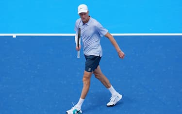 MASON, OHIO - AUGUST 09: Jannik Sinner of Italy reacts after winning a game during the match against Daniel Elahi Galán of Colombia during Day 3 of the Cincinnati Open at the Lindner Family Tennis Center on August 09, 2025 in Mason, Ohio. (Photo by Dylan Buell/Getty Images)