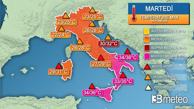Temperature massime martedì