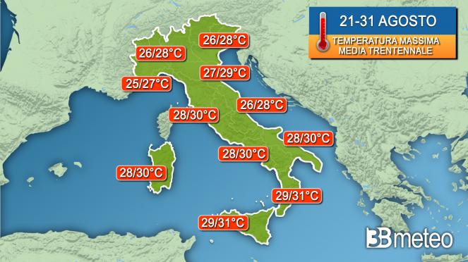 Valori massimi previsti dalla media trentennale per la 3° decade di agosto