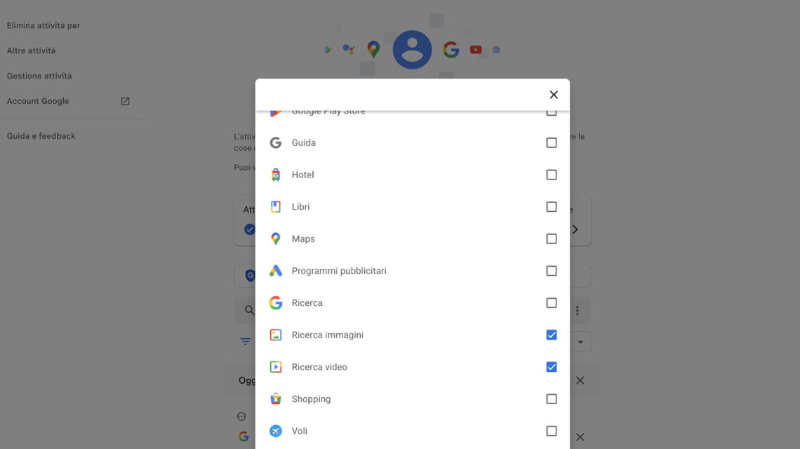 Schermata di Google Chrome per procedere alla cancellazione della cronologia