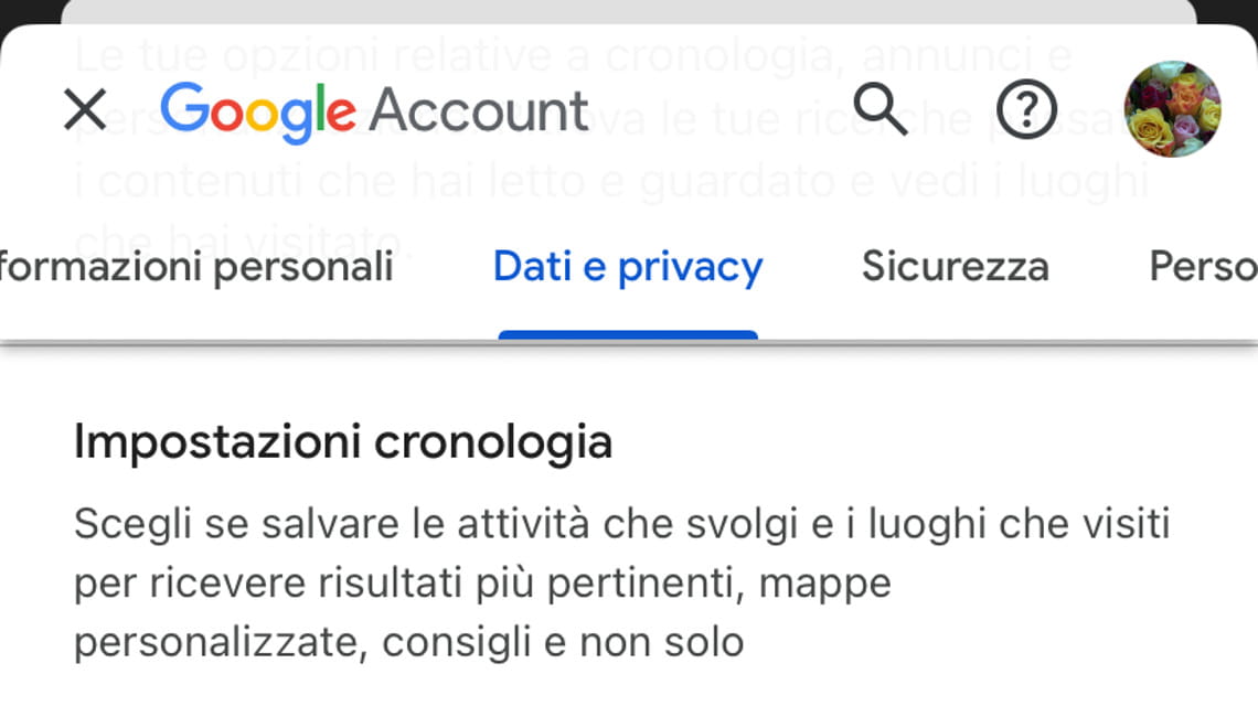Schermata della pagina Data e Privacy di Google da iPhone