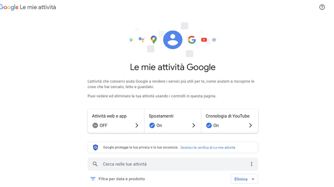 Interfaccia per procedere all’eliminazione dell’attività svolte su Google Maps