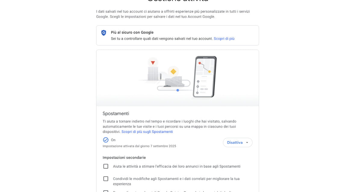 Schermata per cancellare le attività di posizione su Google Maps