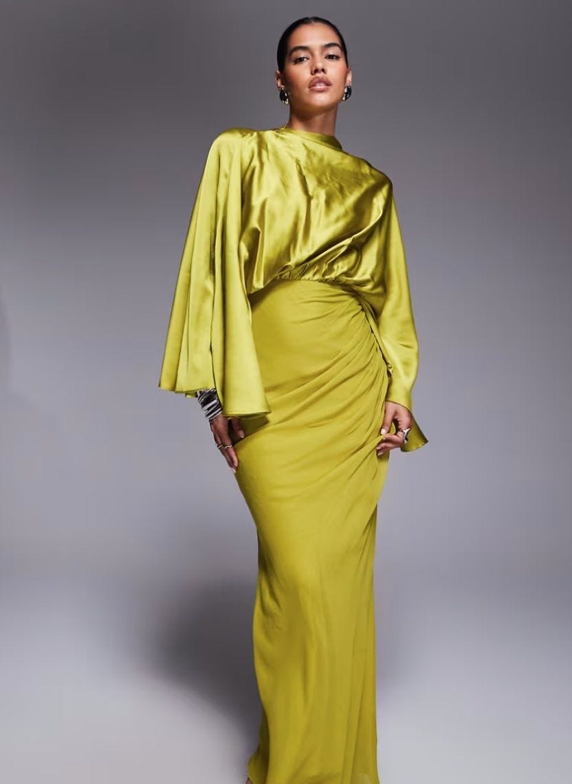 Vestito lungo in misto raso e chiffon color lime