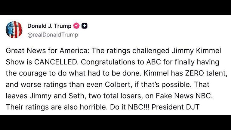 Trump celebra la decisione della Disney su ABC di sospendere la trasmissione di "Jimmy Kimmel Live"