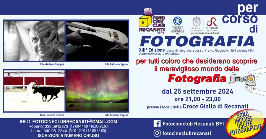 Al via da mercoledì 25 settembre il "Per-corso di Fotografia" del Fotocineclub di Recanati