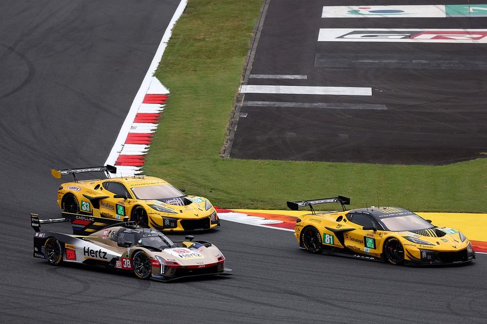 #38 Cadillac Hertz Team Jota Cadillac V-Series.R: Earl Bamber, Sebastien Bourdais, Jenson Button, #81 TF Sport Corvette Z06 LMGT3.R: Tom Van Rompuy, Rui Andrade, Charlie Eastwood,, #33 TF Sport Corvette Z06 LMGT3.R: Ben Keating, Jonny Edgar, Daniel Juncadella