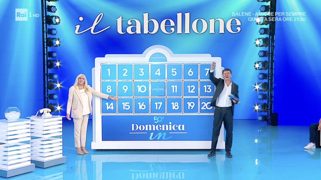 Domenica In, Mammucari fa il verso a La Ruota con la valletta Samara