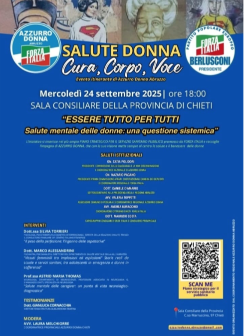 “La salute mentale delle donne: una questione sistemica”, Mercoledì 24 settembre 2025 – Ore 18:00, Sala Consiliare della Provincia di Chieti - Il Giornale di Chieti