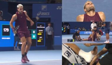 Alcaraz, infortunio alla caviglia all'Atp Tokyo contro Baez: poi si riprende e vince. FOTO