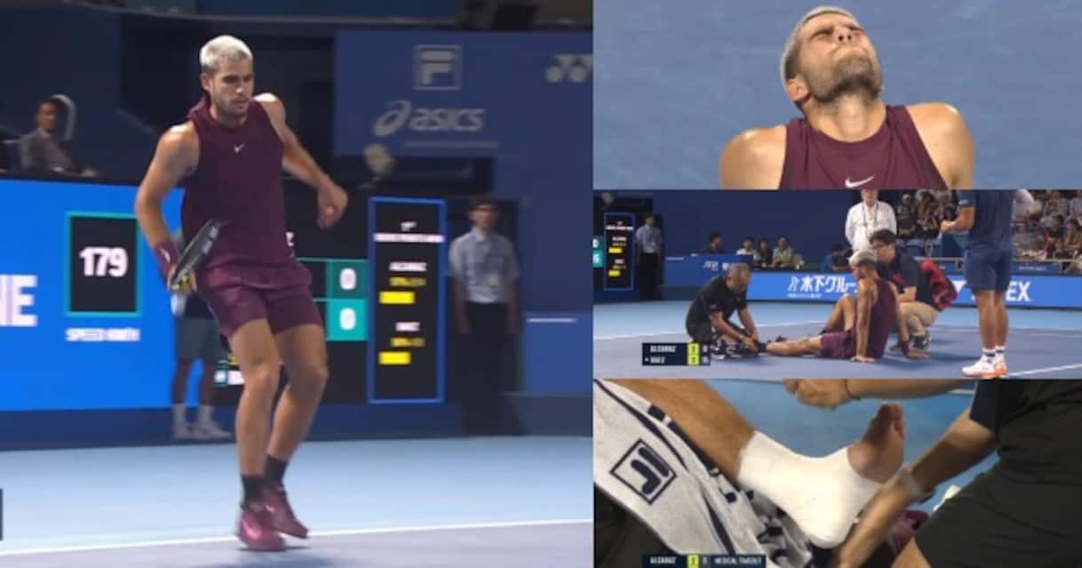Alcaraz, infortunio alla caviglia all'Atp Tokyo contro Baez: poi si riprende e vince. FOTO