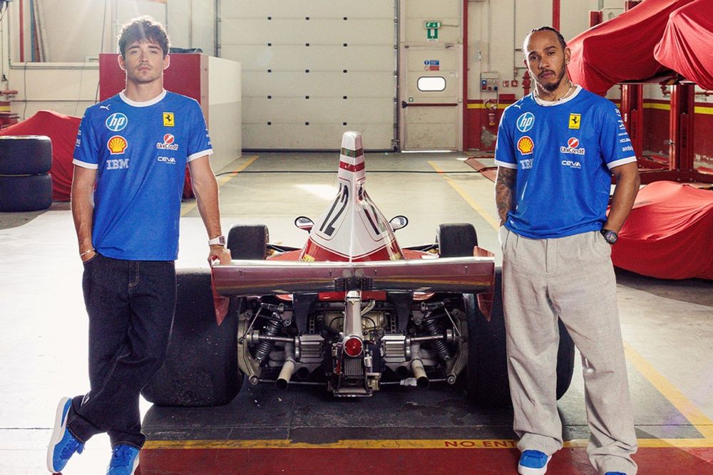 Charles Leclerc e Lewis Hamilton con i colori della Scuderia a Monza con la Ferrari 312 T vittoriosa 50 anni fa